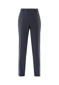 Dunkelgraue, maßgeschneiderte Herrenhosen mit Vorderknopfverschluss, Gürtelschlaufen und Bügelfalte in der Mitte jedes Beins.