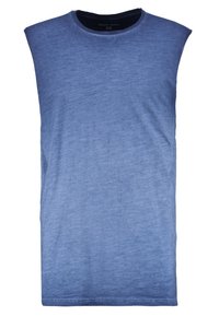 Bez rękawów niebieski bawełniany T-shirt o lekko teksturowanej powierzchni i okrągłym dekolcie. Posiada luźny krój i prosty dół.