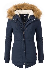 Navy parka jacket featuring a faux fur hood, zip and button closure, and ribbed cuffs. Inside lined with soft material for warmth.