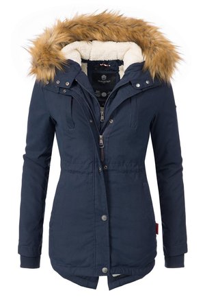 Navy parka jacket featuring a faux fur hood, zip and button closure, and ribbed cuffs. Inside lined with soft material for warmth.
