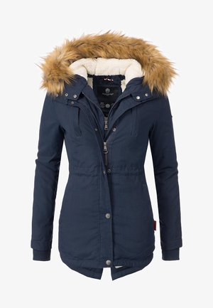 Navy parka jacket featuring a faux fur hood, zip and button closure, and ribbed cuffs. Inside lined with soft material for warmth.