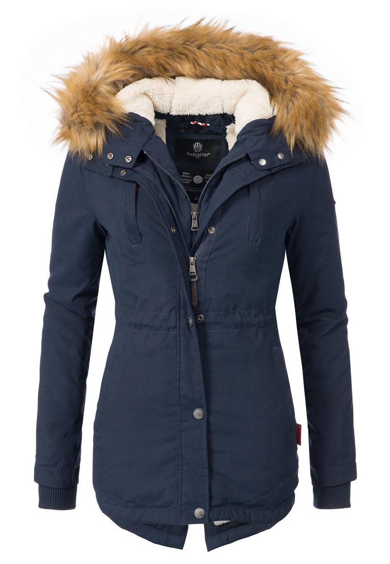 Navy parka jacket featuring a faux fur hood, zip and button closure, and ribbed cuffs. Inside lined with soft material for warmth.
