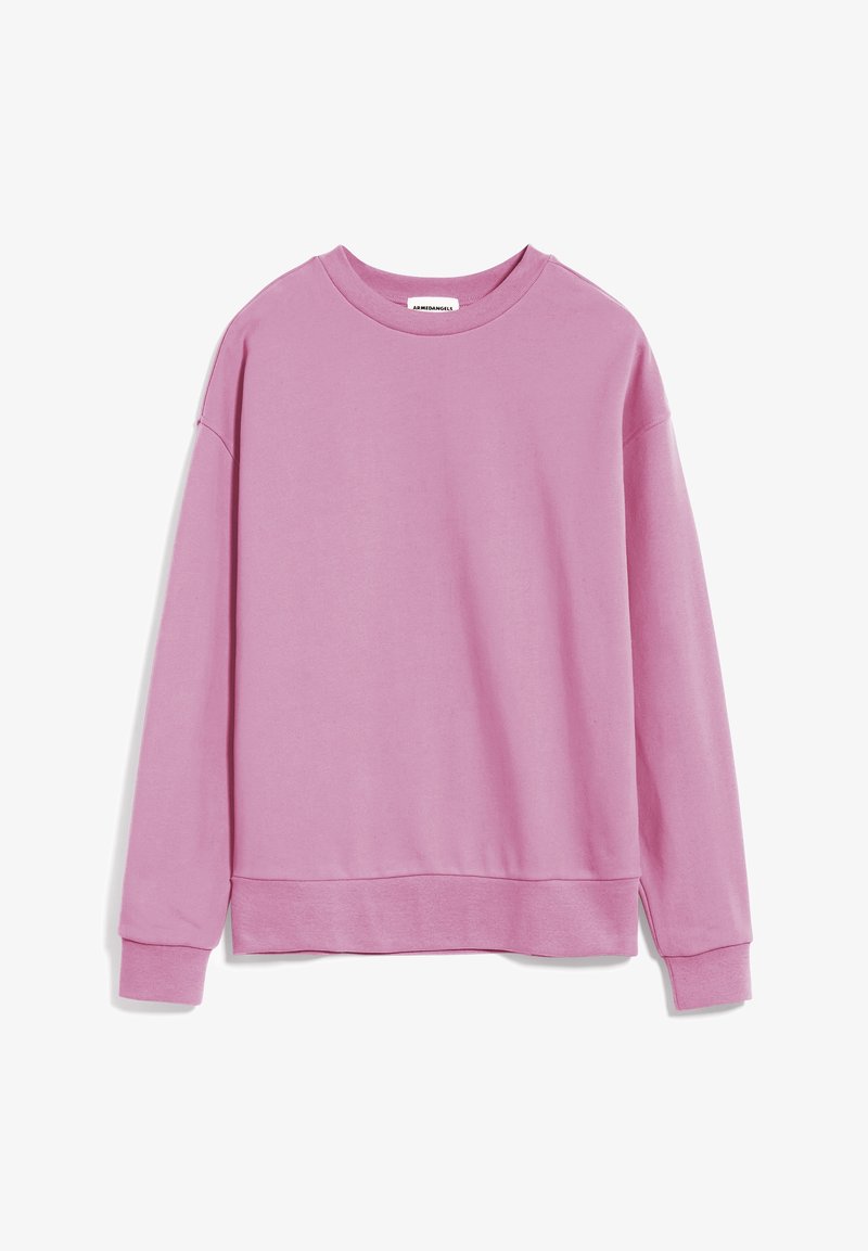 Růžová bačkory svetr s kulatým výstřihem, dlouhými rukávy a uvolněným střihem. Obsahuje žebrované manžety a lem pro zvýšení textury.