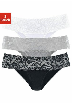 Three pairs of women's lace thong underwear: white, light grey, and black, featuring decorative lace bands and soft fabric.