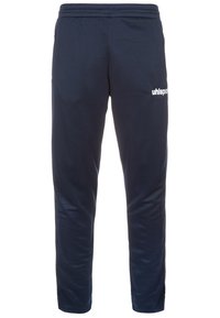 Marineblauwe sportbroek van zacht materiaal, met een elastische tailleband en een klein wit logo op de linker dij.