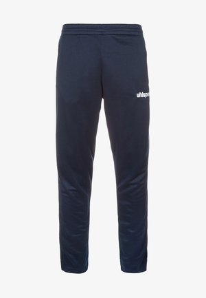 Marineblauwe sportbroek van zacht materiaal, met een elastische tailleband en een klein wit logo op de linker dij.