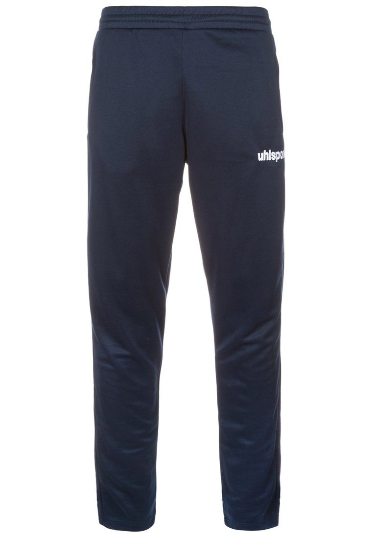 Marineblauwe sportbroek van zacht materiaal, met een elastische tailleband en een klein wit logo op de linker dij.