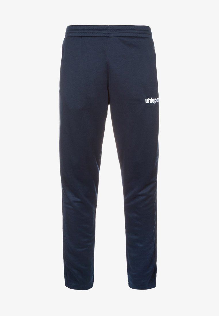 Marineblauwe sportbroek van zacht materiaal, met een elastische tailleband en een klein wit logo op de linker dij.