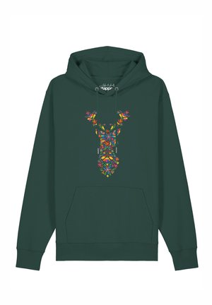 Dunkelgrüner Hoodie mit buntem Blumenmuster, das einen Hirschkopf auf der Brust bildet, mit Fronttasche und Kordelzug.