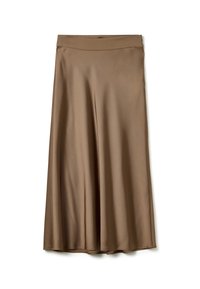 Jupe marron, arrivant aux genoux, en matériau lisse semblable à de la satin, avec une large taille et un design fluide et aérien. Pas de motifs ou d'accents visibles.