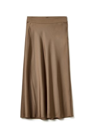 Jupe marron, arrivant aux genoux, en matériau lisse semblable à de la satin, avec une large taille et un design fluide et aérien. Pas de motifs ou d'accents visibles.