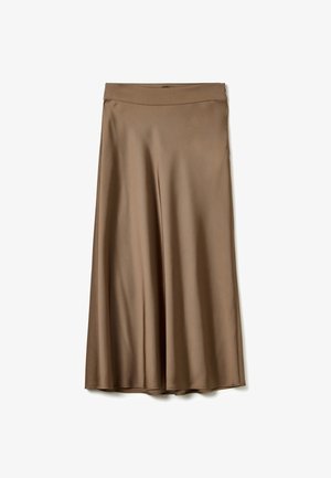 Brauer, knielanger Rock aus einem glatten, satinähnlichen Material mit einem breiten Taillenbund und einem fließenden, beweglichen Design. Keine sichtbaren Muster oder Akzente.