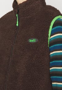 Braune Fleece-Weste mit hohem Kragen, Reißverschluss und grünem Reißverschlussanhänger. Mit einem Levi's-Logo-Patch; kombiniert mit einem mehrfarbigen gestreiften Hemd.