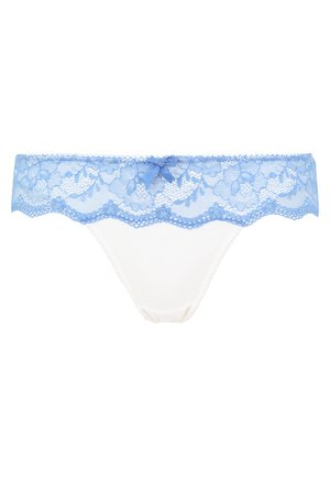 White lace thong with a light blue floral lace waistband, scalloped edge, and a small satin bow at the center front.