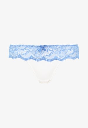 White lace thong with a light blue floral lace waistband, scalloped edge, and a small satin bow at the center front.
