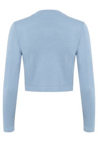 Ljust blå, kort kardigan, tillverkad av mjukt stickat material, med lång ärm och rundad halsringning. Minimalistisk design utan dekorationer.