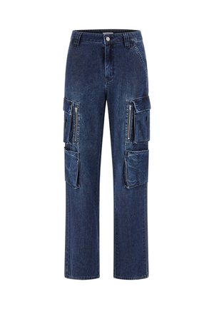 Donkerblauwe denim cargobroek met een recht gesneden pasvorm, meerdere met rits en klep afgesloten zakken, en een klassieke knoopsluiting.