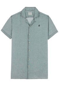 Krátký rukáv pánská košile s knoflíky ve světle zelené tkanině s jemnou texturou. Má vykrojený límec a malé černé logo na hrudi.