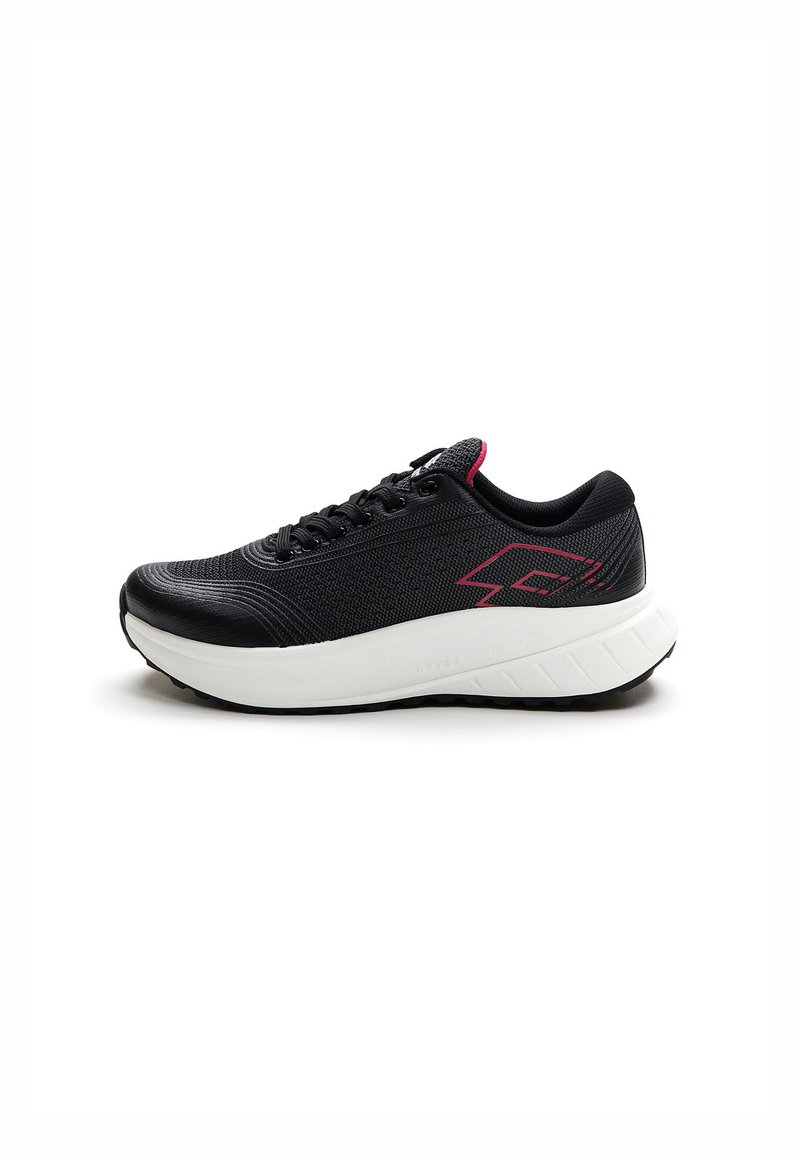 Black athletic shoe with a textured mesh upper, white midsole, and black rubber outsole. Features pink accents and a rounded toe design.