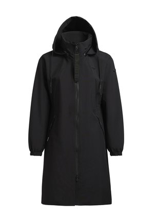 Černá kapucová bunda s dlouhými rukávy, předním zipem, elastickými manžetami a bočními kapsami. Hladká tkanina s minimálními prvky brandingu.