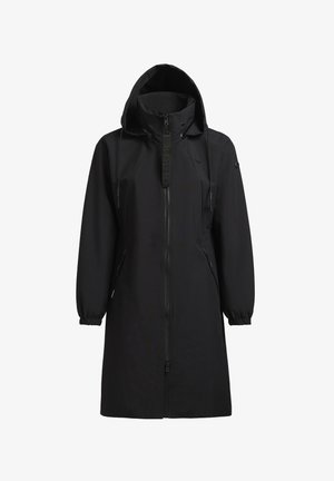 Černá kapucová bunda s dlouhými rukávy, předním zipem, elastickými manžetami a bočními kapsami. Hladká tkanina s minimálními prvky brandingu.