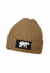 Brown ribbed knit beanie with folded cuff featuring a black patch with a white geometric bear design.