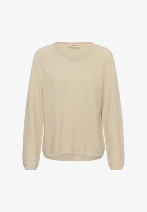 Kremni pulover z V-izrezom, dolgimi rokavi in lahkotnim pletenjem, z ribastimi manšetami in rahlo ukrivljenim robom.