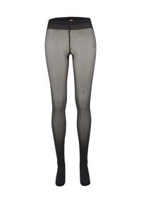Collants noirs transparents avec une taille haute. Présentent un petit motif en forme de cœur composé de strass sur la cuisse supérieure. Texture lisse.