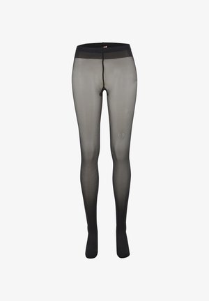Collants noirs transparents avec une taille haute. Présentent un petit motif en forme de cœur composé de strass sur la cuisse supérieure. Texture lisse.