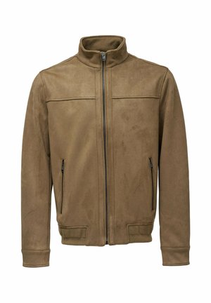 Smeđa jakna od brušene kože s visokim ovratnikom, prednjim patentnim zatvaračem i dva bočna džepa na patentni zatvarač. Ima rebraste manžete i suptilne detalje šavova.