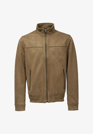 Chaqueta de ante marrón con cuello alto, cremallera frontal y dos bolsillos laterales con cremallera. Cuenta con puños acanalados y detalles de costura sutiles.