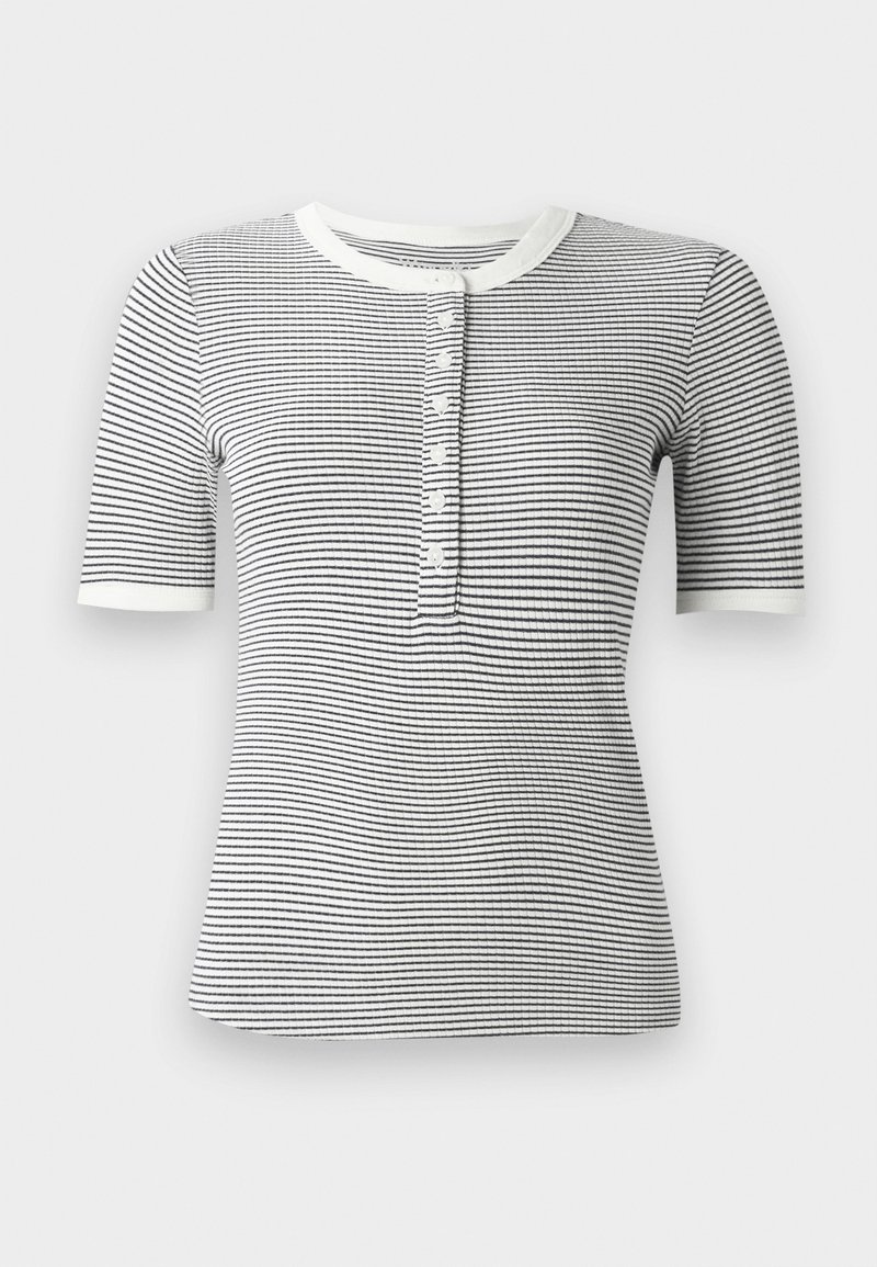 Pasiasta, krótki rękaw, koszulka henley w czarno-białym kolorze, z zaokrąglonym kołnierzykiem, z zapięciem na guziki oraz dopasowanym krojem z prążkowanej tekstury.