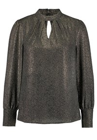 Blusa nera a maniche lunghe con colletto alto, dettaglio a chiave e sottili spruzzate metalliche. Vestibilità rilassata con maniche arricciate.