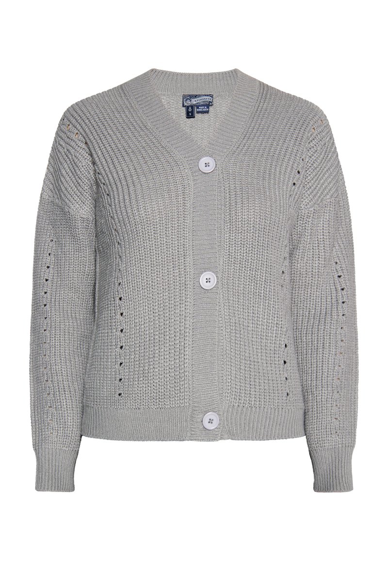 Cardigan de punto gris claro con escote en V, tres botones grandes y un patrón texturizado con pequeños agujeros decorativos en las mangas.