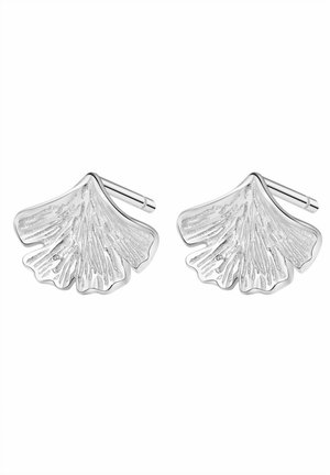 Silver earrings shaped like ginkgo leaves, featuring textured detailing and a polished finish. Sleek and symmetrical design, with post back hardware.