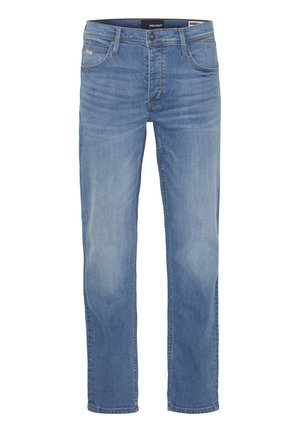 Light blue denim jeans with a straight-leg fit, featuring five pockets, subtle whiskering, and a standard waistband with a button closure.
