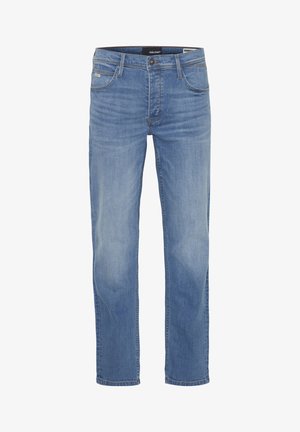Light blue denim jeans with a straight-leg fit, featuring five pockets, subtle whiskering, and a standard waistband with a button closure.