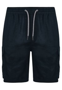 Dark navy cargo shorts with an elastic waistband, white drawstring, and side pockets. Made from lightweight fabric with a smooth texture.