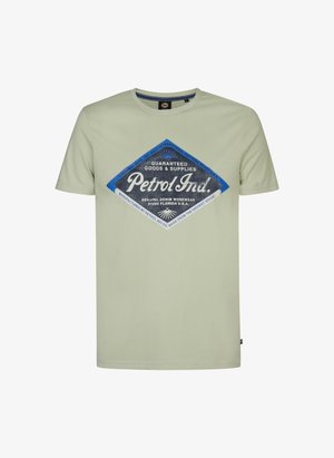 Lys grøn bomulds t-shirt med korte ærmer, udstyret med en blå diamantformet grafik med hvid tekst og et vintage design.