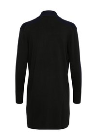 Black pullover sweater with a collar, long sleeves, and ribbed cuffs. Smooth texture, featuring a slightly longer back design.