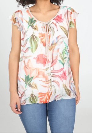 Luźna bluzka z krótkim rękawem wykonana z lekkiego, prześwitującego materiału, ozdobiona kwiatowym wzorem w odcieniach różu, pomarańczu, zieleni i niebieskiego, z dekoltem ze sznurkiem do wiązania.