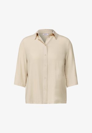 Beige Hemd mit kurzen Ärmeln und texturierter Oberfläche, Knopfleiste, Kragen und lockerer Passform. Verfügt über fünf Knöpfe in der Mitte.