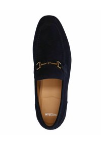 Navy suede loafers featuring a gold-toned metal horsebit accent, rounded toe, and a smooth leather insole. Designed for comfort and style.