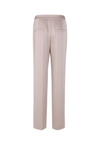 Light pink, straight-leg trousers made from a smooth fabric. Features two back pockets and a flat waistband for a tailored look.