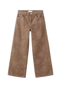 Jeans marroni a gamba larga con un delicato motivo floreale, realizzati in denim, con chiusura con bottoni e cerniera, e due tasche anteriori.