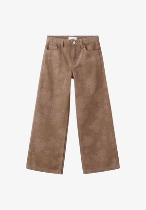 Brown wide-leg jeans with a subtle floral pattern, made from denim, featuring a button and zipper closure, and two front pockets.