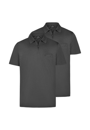 Zwei dunkelgraue Poloshirts mit kurzen Ärmeln, Kragen, vorderem Reißverschluss und Brusttaschen, abgebildet vor einem weißen Hintergrund.