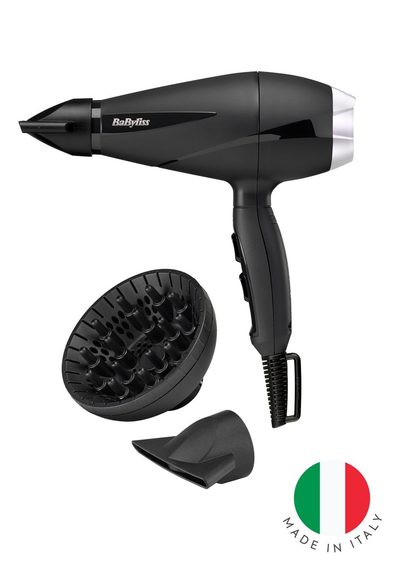 Secador de pelo negro BaByliss con difusor y accesorios de boquilla, diseñado para peinar y secar el cabello, con etiqueta "Made in Italy".