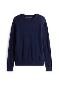 Dunkelblaues Sweatshirt aus weichem Stoff, mit Rundhalsausschnitt, langen Ärmeln und einem kleinen Logoakzent auf der Brust.