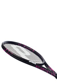 Tennis racket with a black frame, pink splatter design, and a textured grip. Features a traditional oval shape with white stringing.